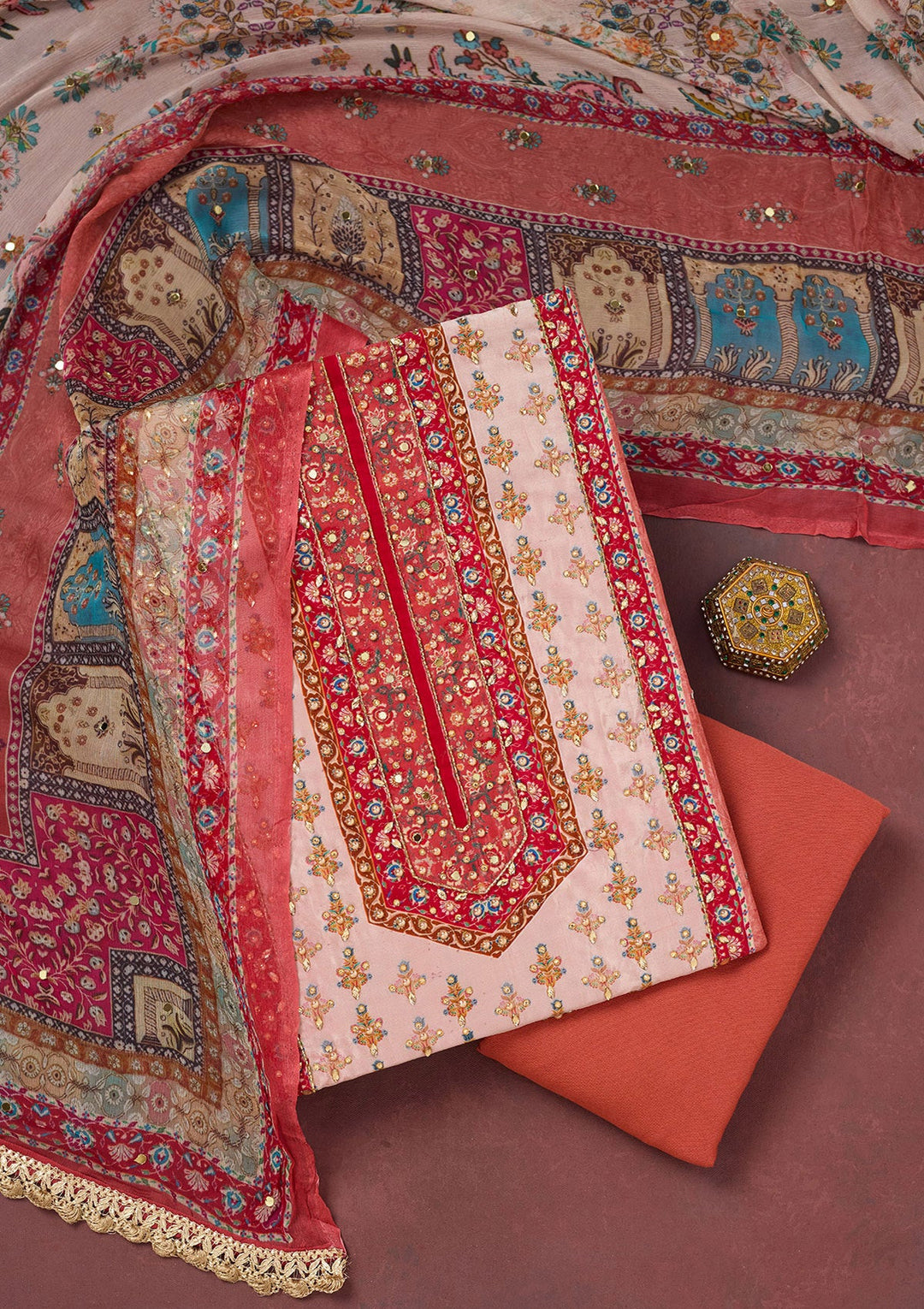 Rust Cutdana Semi Crepe Unstitched Salwar Suit-Koskii