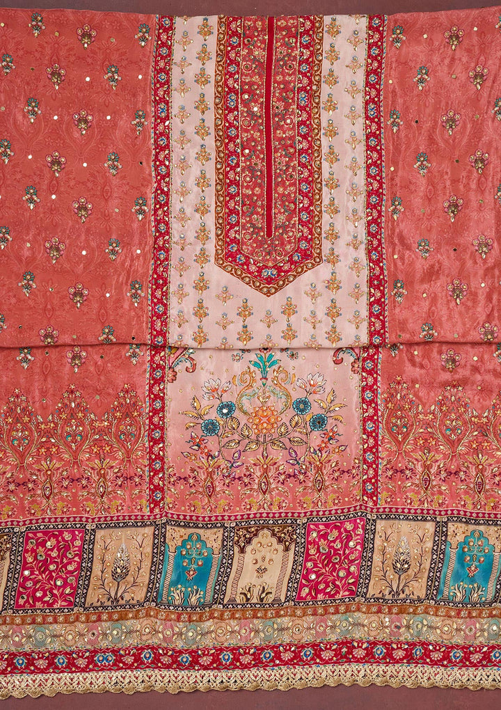 Rust Cutdana Semi Crepe Unstitched Salwar Suit-Koskii