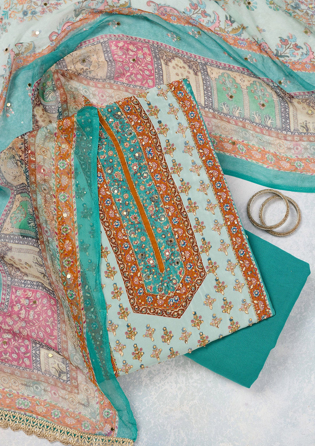 Turquoise Blue Cutdana Semi Crepe Unstitched Salwar Suit-Koskii