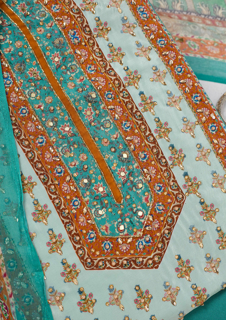 Turquoise Blue Cutdana Semi Crepe Unstitched Salwar Suit-Koskii