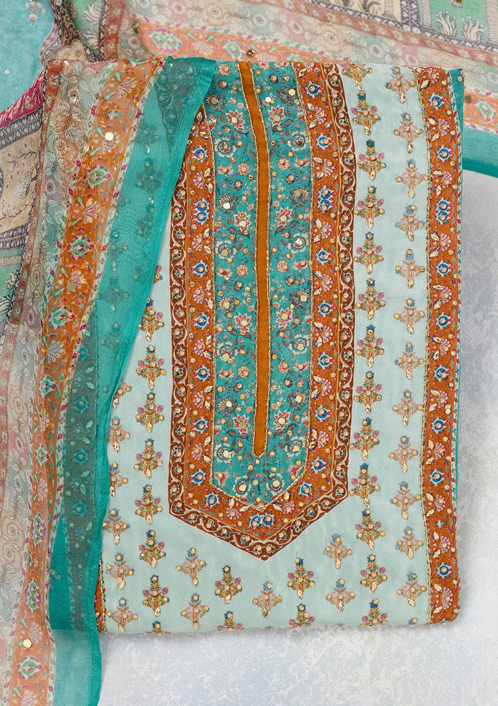 Turquoise Blue Cutdana Semi Crepe Unstitched Salwar Suit-Koskii