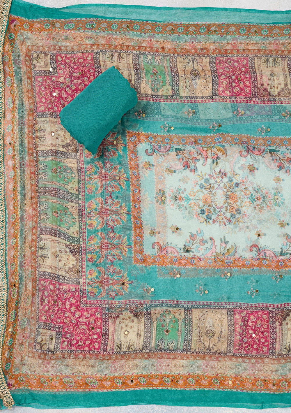 Turquoise Blue Cutdana Semi Crepe Unstitched Salwar Suit-Koskii