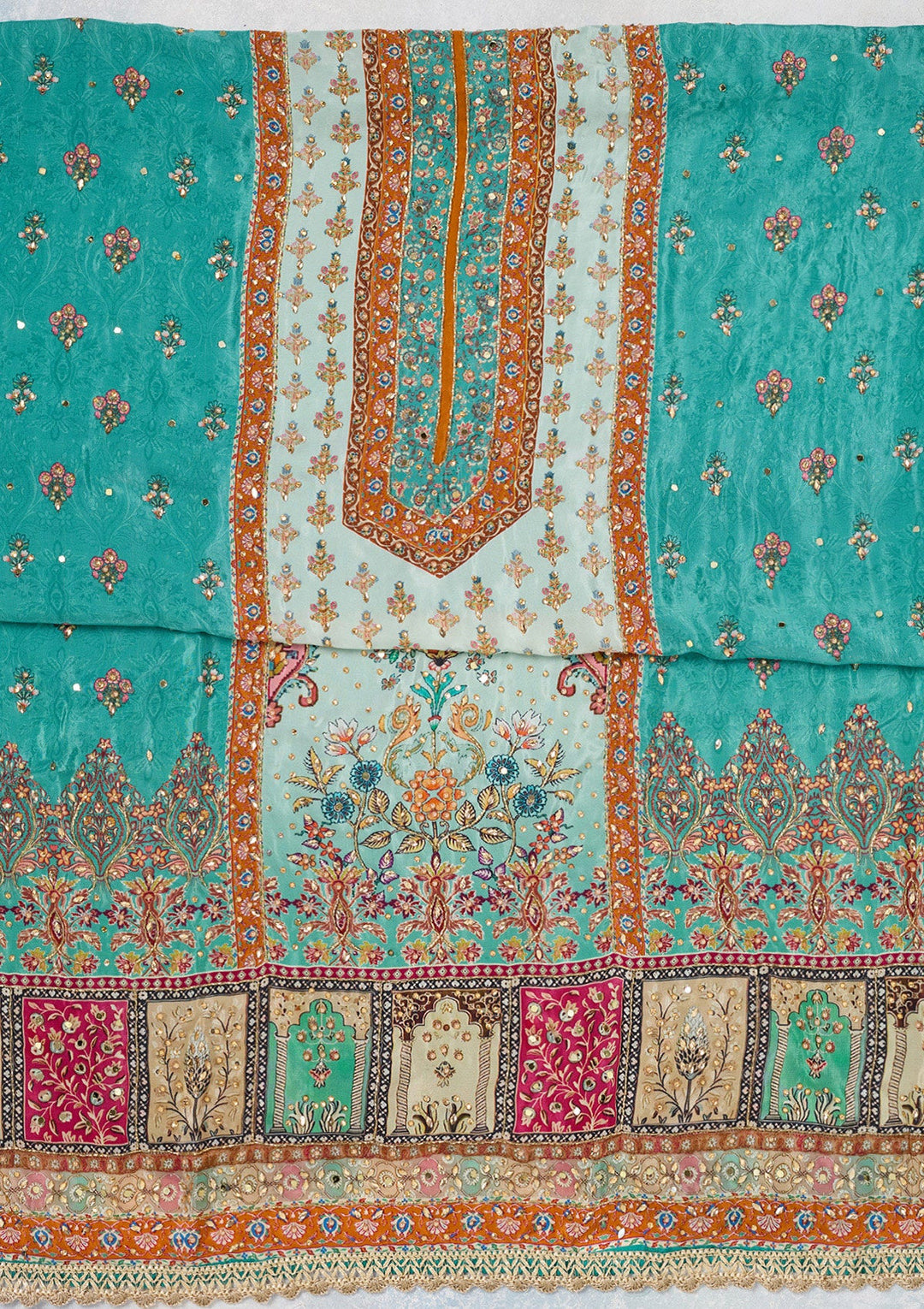 Turquoise Blue Cutdana Semi Crepe Unstitched Salwar Suit-Koskii