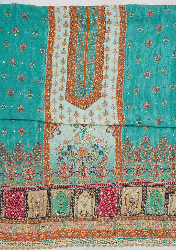 Turquoise Blue Cutdana Semi Crepe Unstitched Salwar Suit-Koskii
