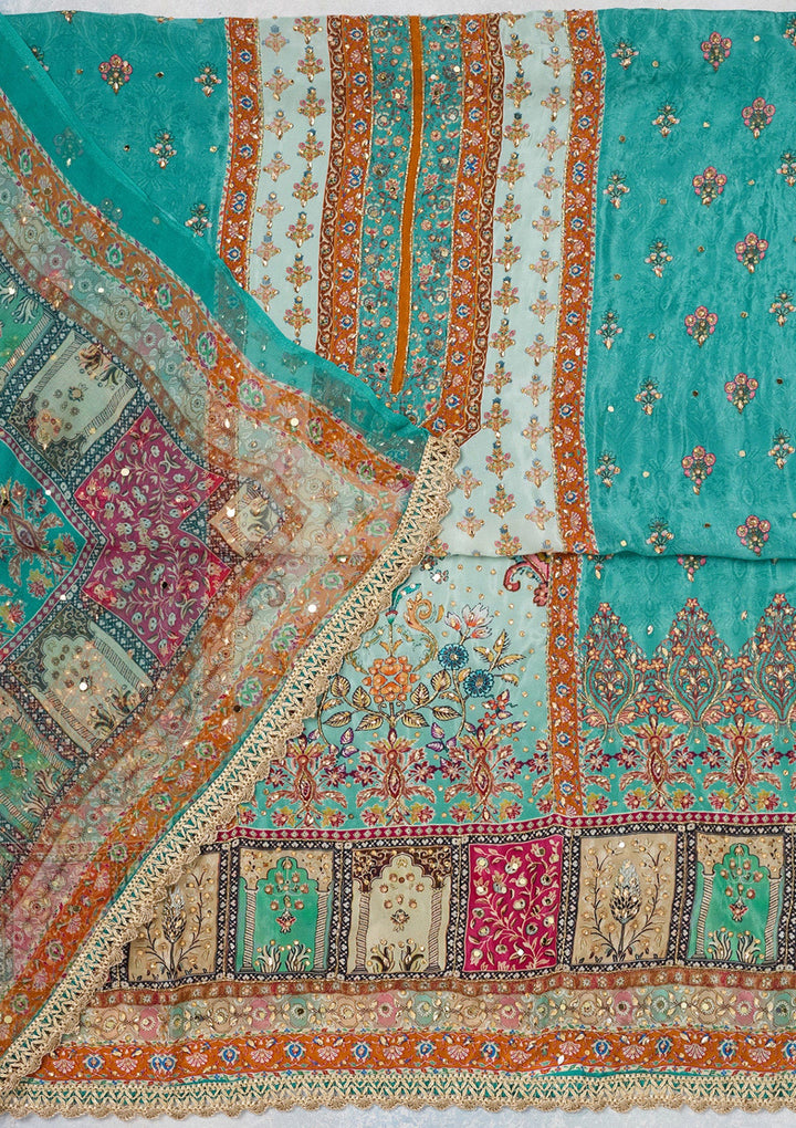 Turquoise Blue Cutdana Semi Crepe Unstitched Salwar Suit-Koskii