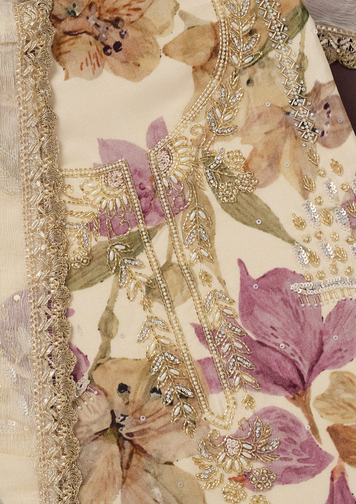 Cream Cutdana Semi Crepe Unstitched Salwar Suit-Koskii