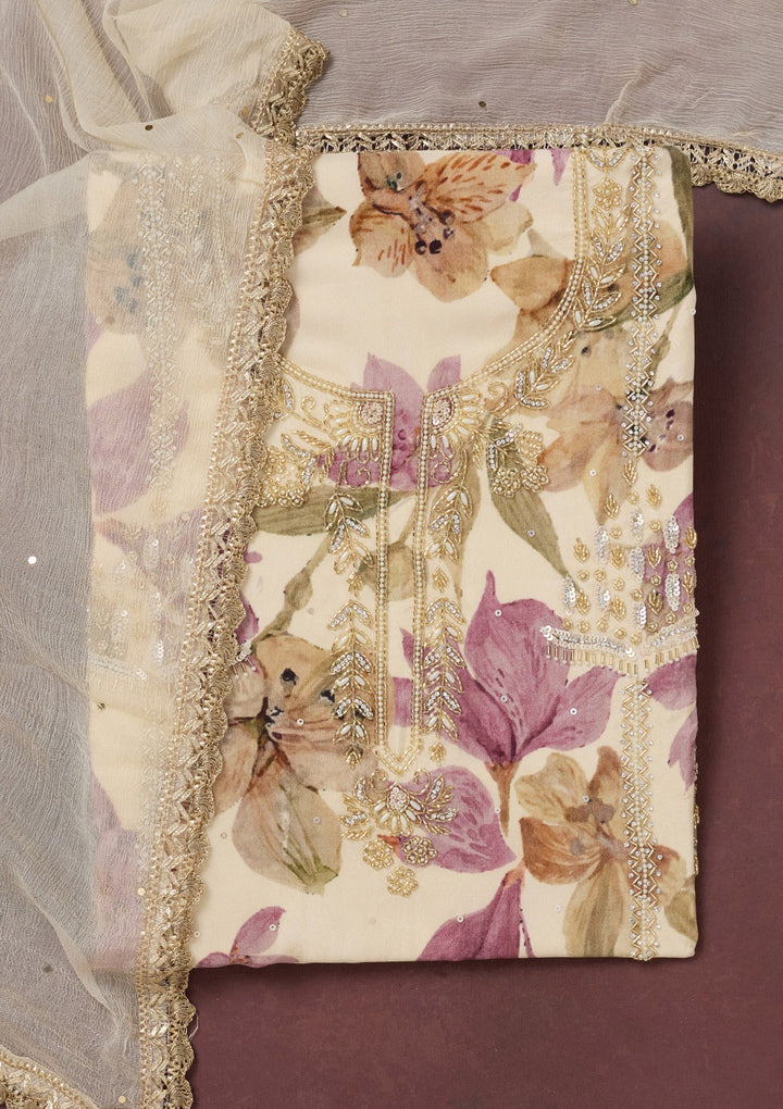 Cream Cutdana Semi Crepe Unstitched Salwar Suit-Koskii