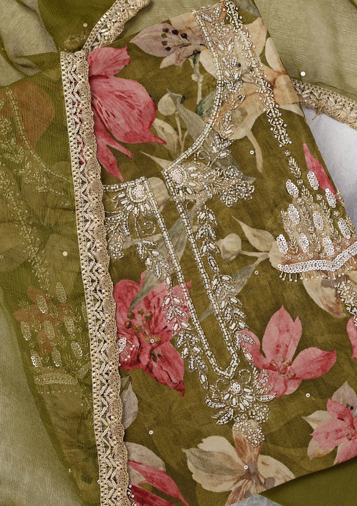 Mehendi Cutdana Semi Crepe Unstitched Salwar Suit-Koskii