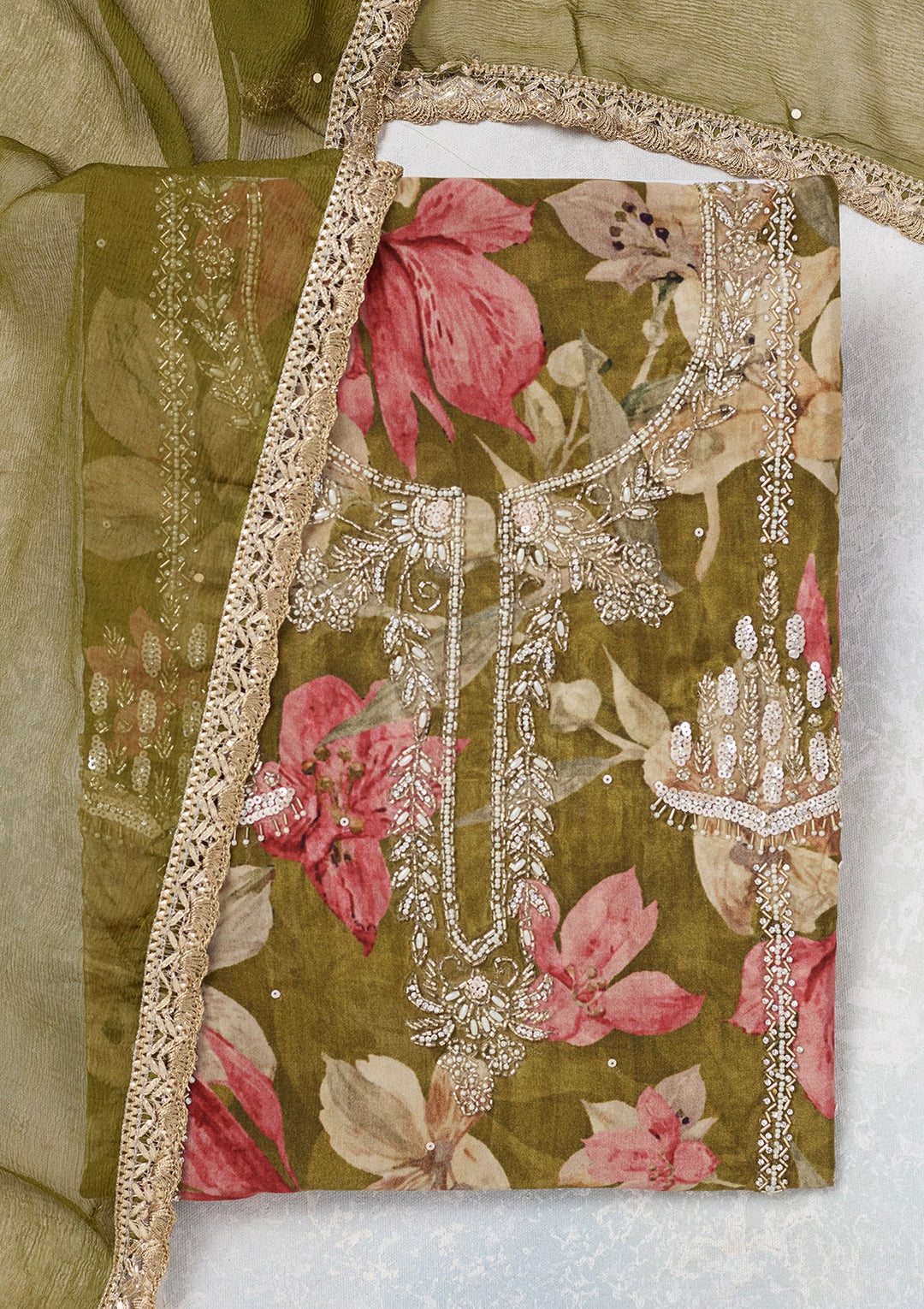 Mehendi Cutdana Semi Crepe Unstitched Salwar Suit-Koskii