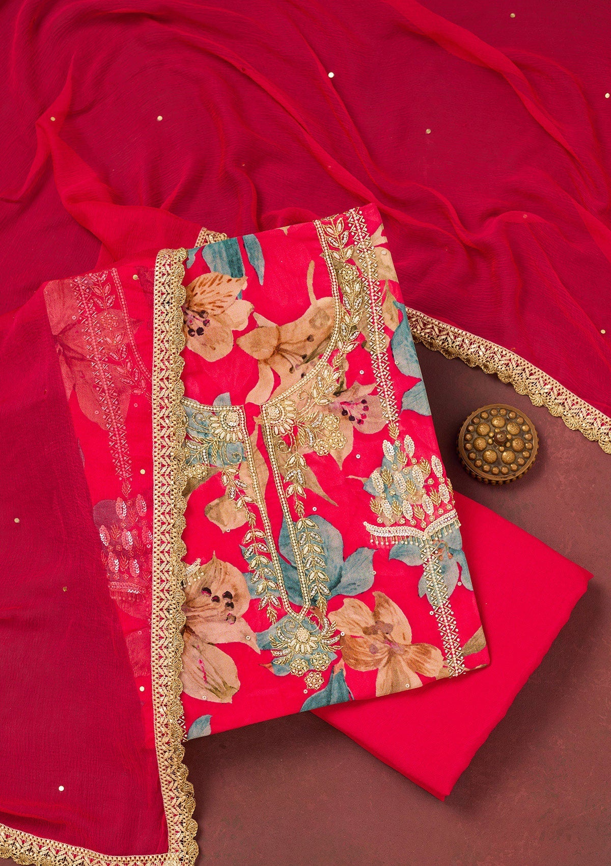 Rani Pink Cutdana Semi Crepe Unstitched Salwar Suit-Koskii