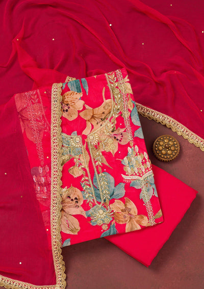 Rani Pink Cutdana Semi Crepe Unstitched Salwar Suit-Koskii