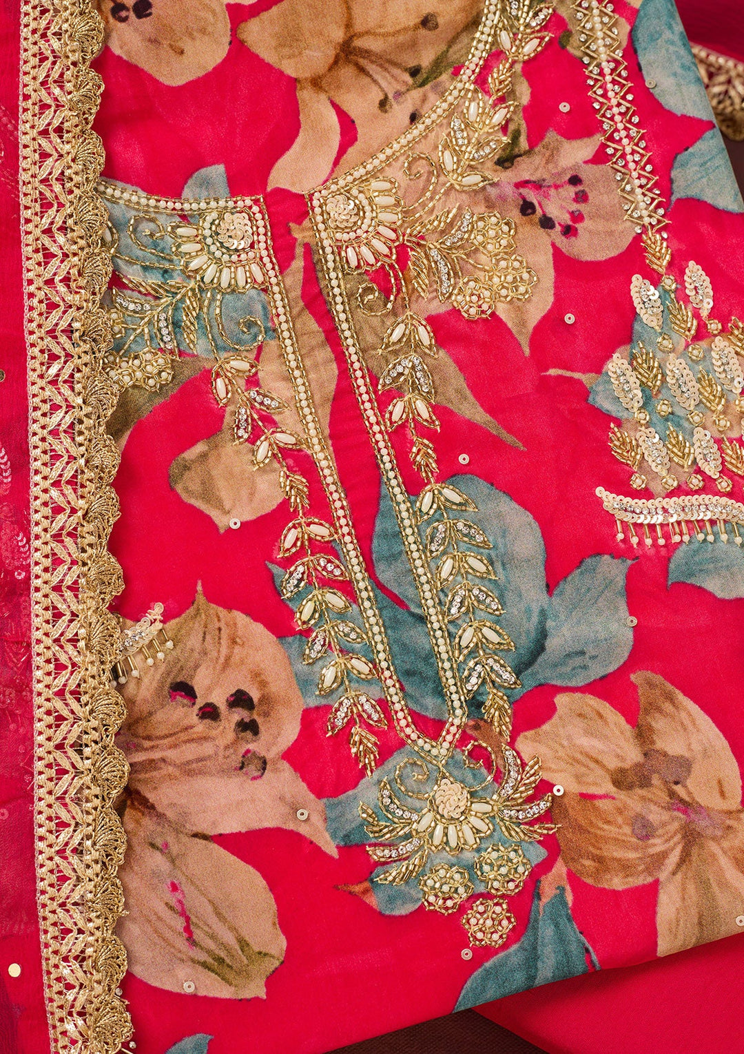 Rani Pink Cutdana Semi Crepe Unstitched Salwar Suit-Koskii