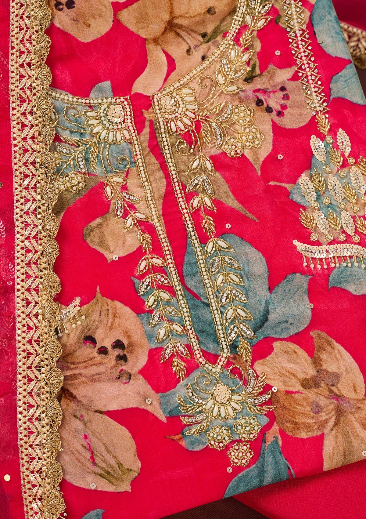 Rani Pink Cutdana Semi Crepe Unstitched Salwar Suit-Koskii