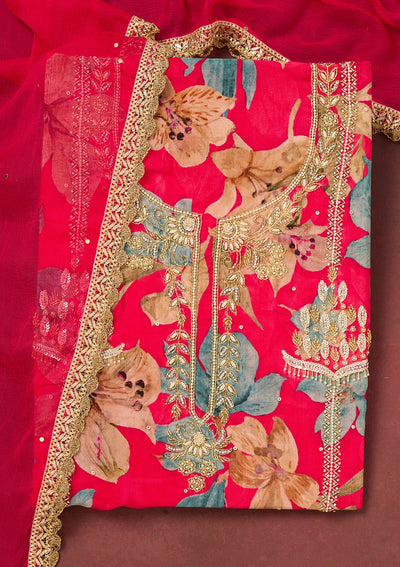 Rani Pink Cutdana Semi Crepe Unstitched Salwar Suit-Koskii