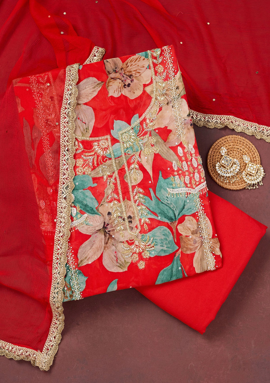 Red Cutdana Semi Crepe Unstitched Salwar Suit-Koskii