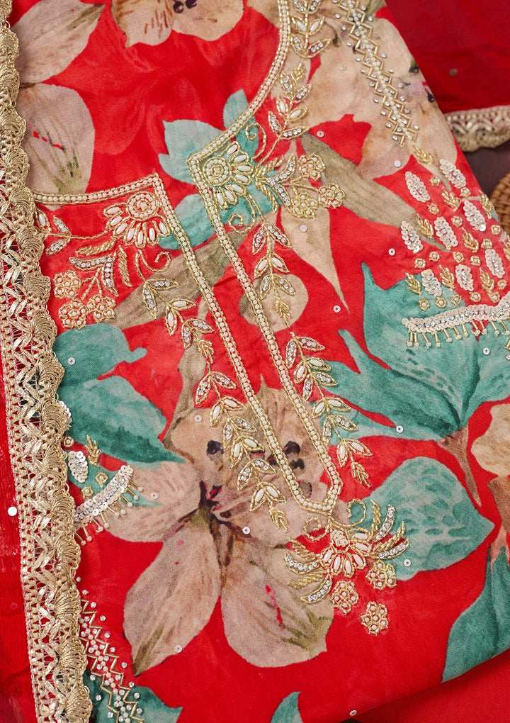 Red Cutdana Semi Crepe Unstitched Salwar Suit-Koskii