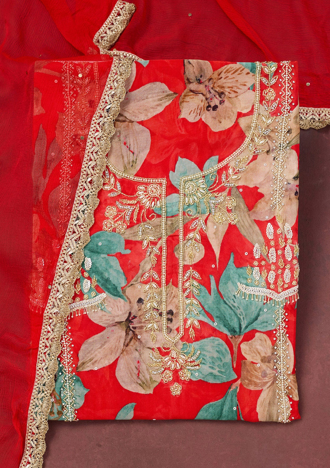 Red Cutdana Semi Crepe Unstitched Salwar Suit-Koskii