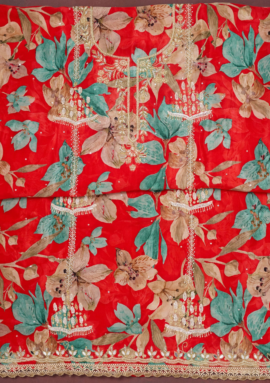 Red Cutdana Semi Crepe Unstitched Salwar Suit-Koskii