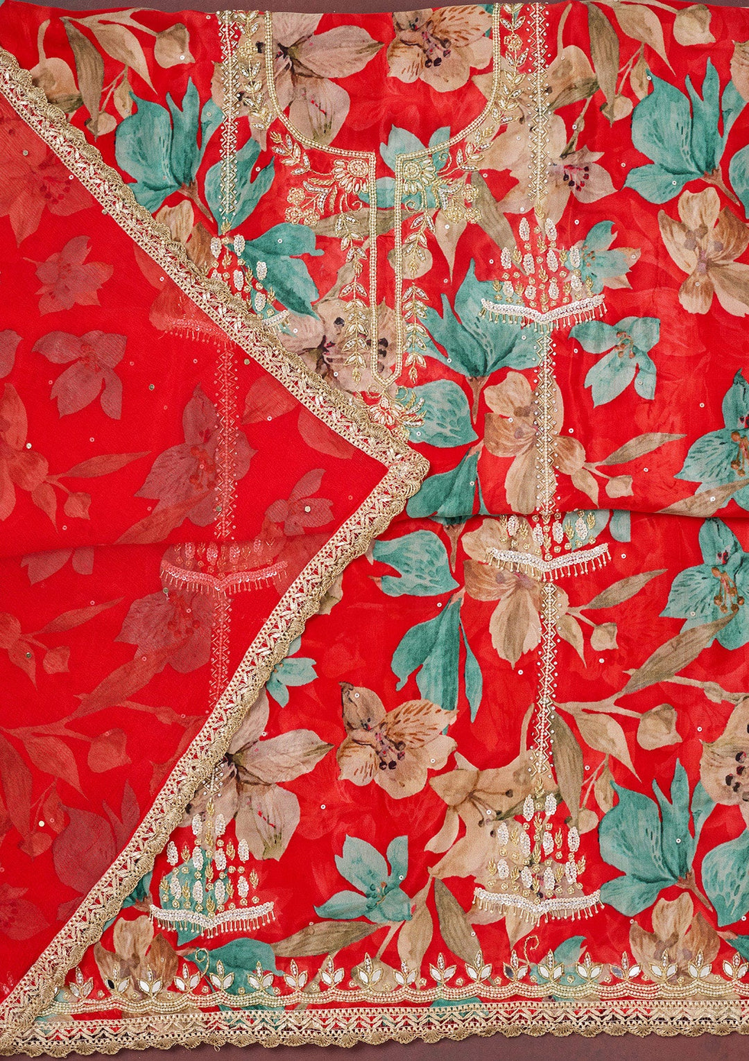 Red Cutdana Semi Crepe Unstitched Salwar Suit-Koskii