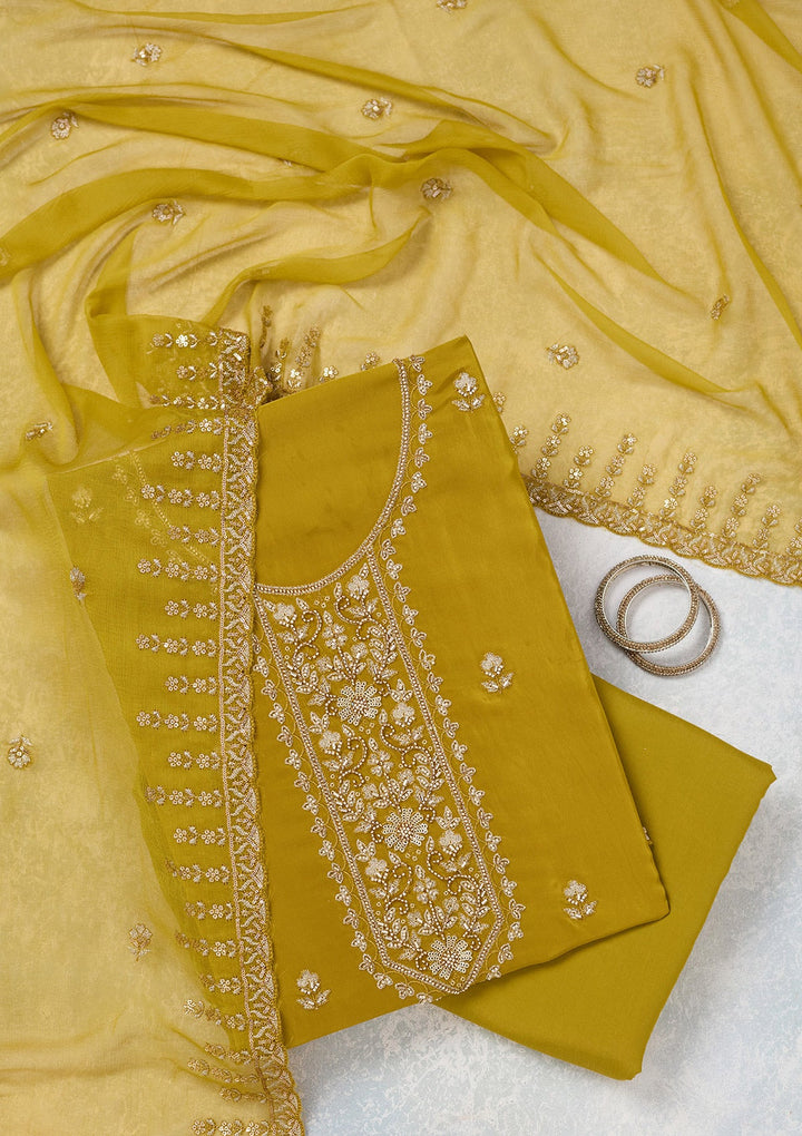 Mehendi Threadwork Semi Crepe Unstitched Salwar Suit-Koskii