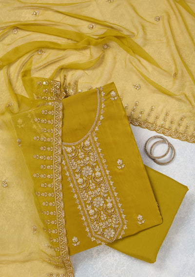 Mehendi Threadwork Semi Crepe Unstitched Salwar Suit-Koskii