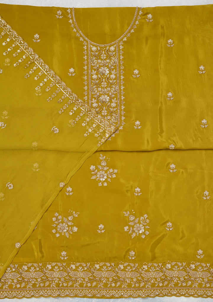 Mehendi Threadwork Semi Crepe Unstitched Salwar Suit-Koskii
