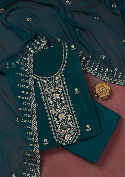 Peacock Blue Threadwork Semi Crepe Unstitched Salwar Suit-Koskii