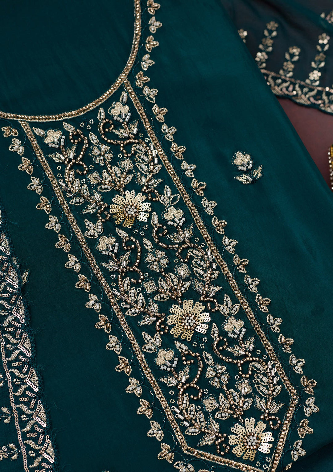 Peacock Blue Threadwork Semi Crepe Unstitched Salwar Suit-Koskii