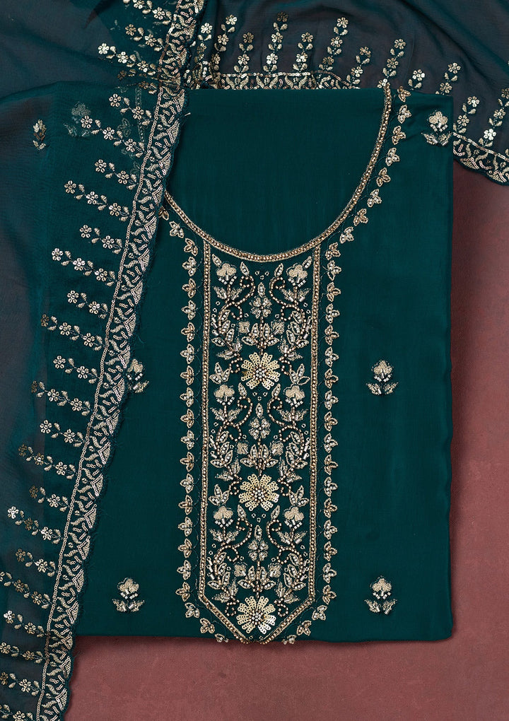Peacock Blue Threadwork Semi Crepe Unstitched Salwar Suit-Koskii