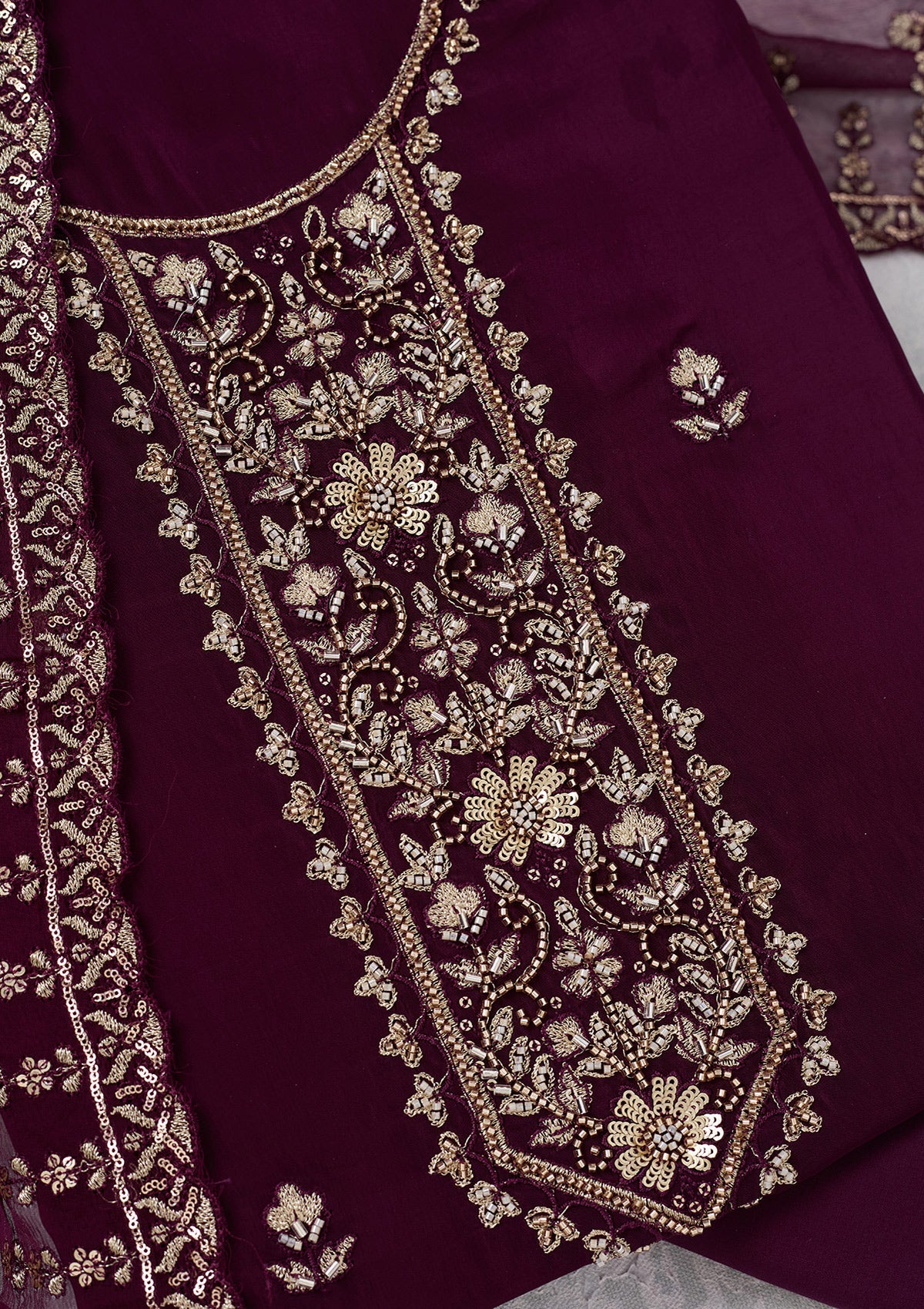 Wine Threadwork Semi Crepe Unstitched Salwar Suit-Koskii