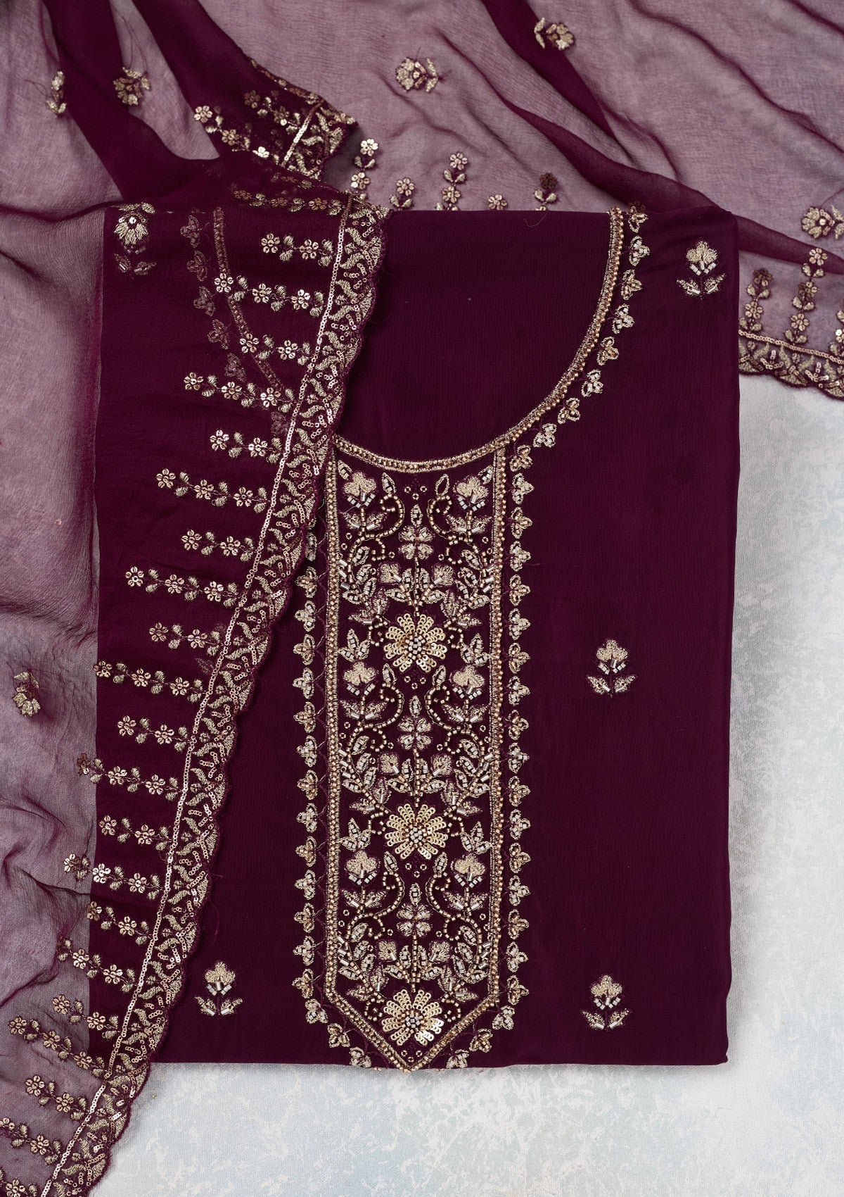 Wine Threadwork Semi Crepe Unstitched Salwar Suit-Koskii