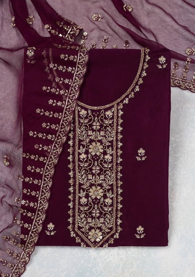 Wine Threadwork Semi Crepe Unstitched Salwar Suit-Koskii
