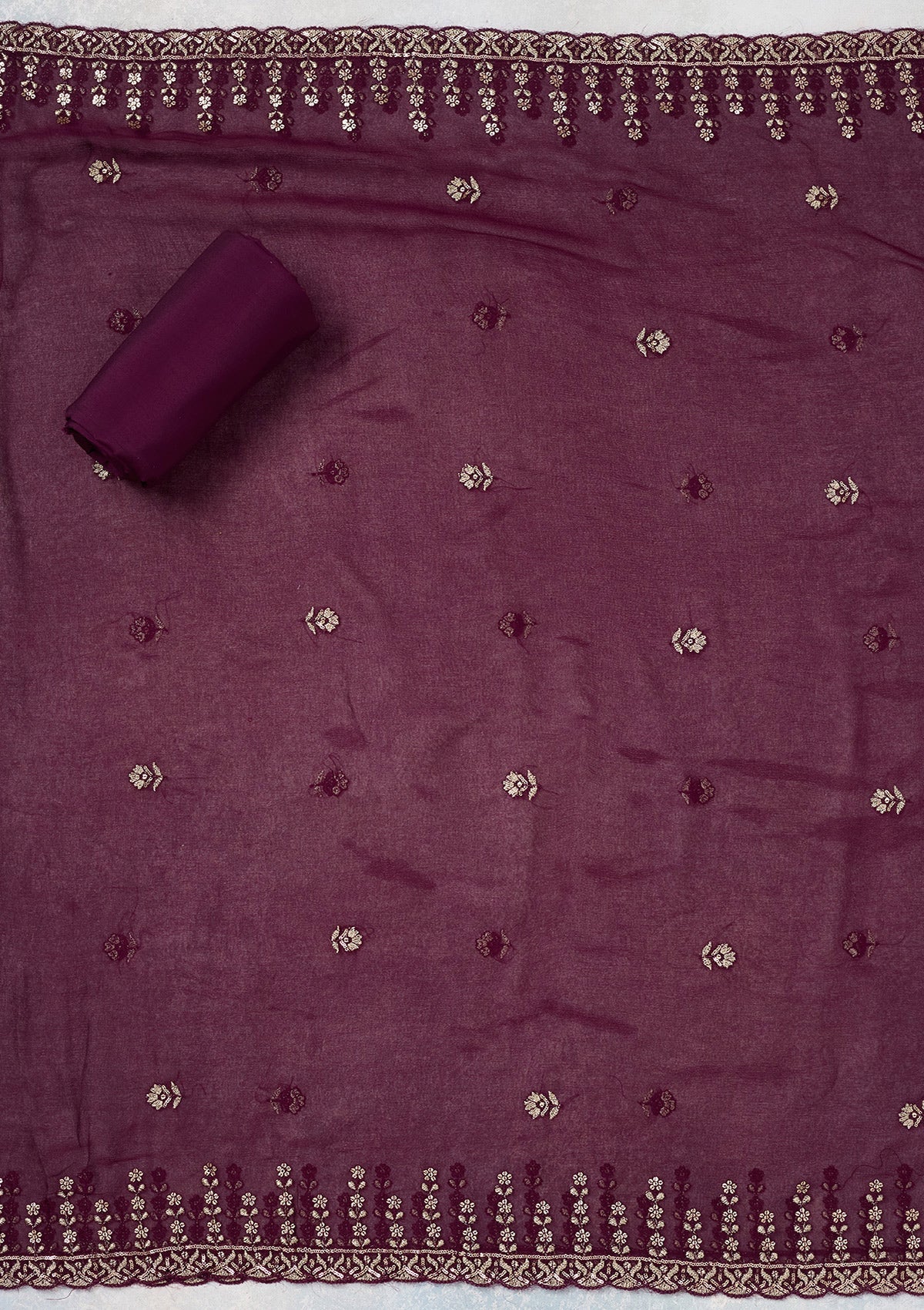 Wine Threadwork Semi Crepe Unstitched Salwar Suit-Koskii