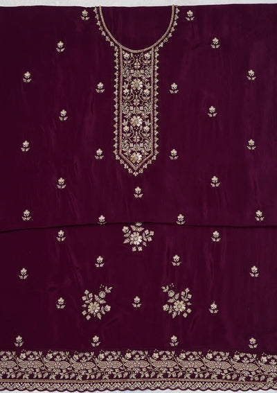 Wine Threadwork Semi Crepe Unstitched Salwar Suit-Koskii