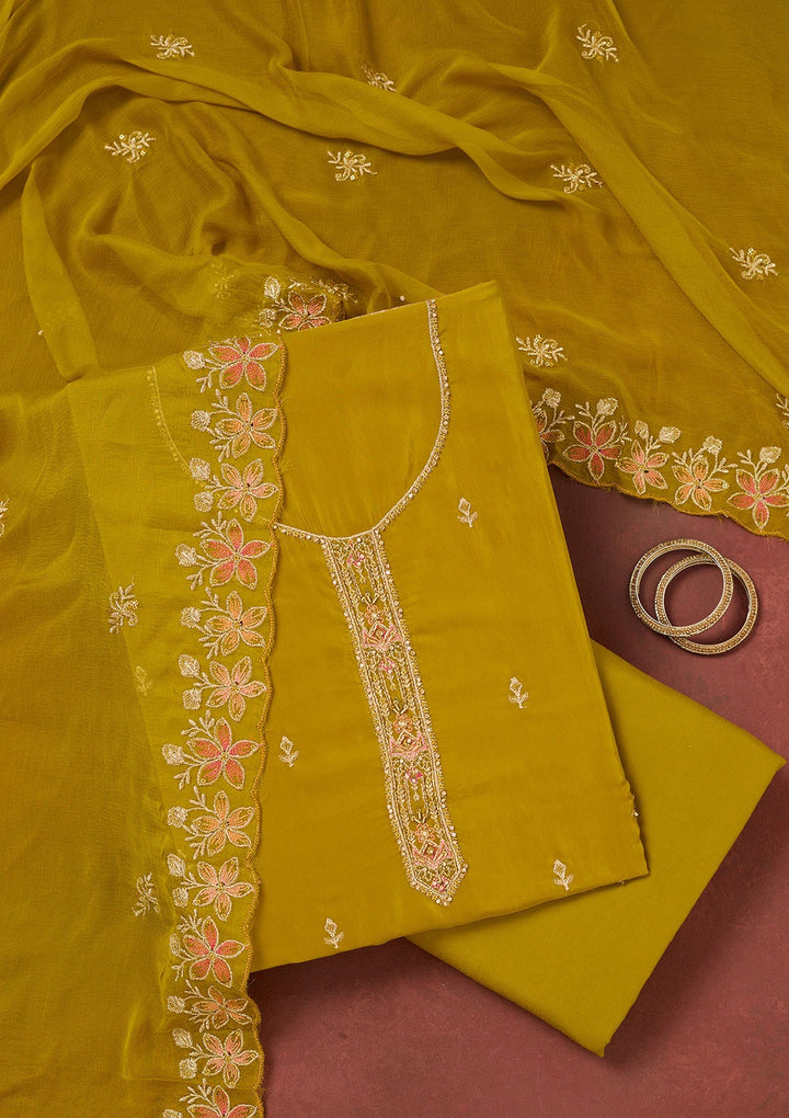 Mehendi Threadwork Semi Crepe Unstitched Salwar Suit-koskii