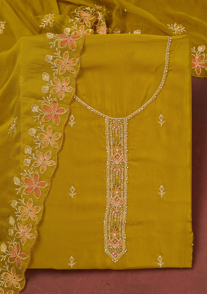 Mehendi Threadwork Semi Crepe Unstitched Salwar Suit