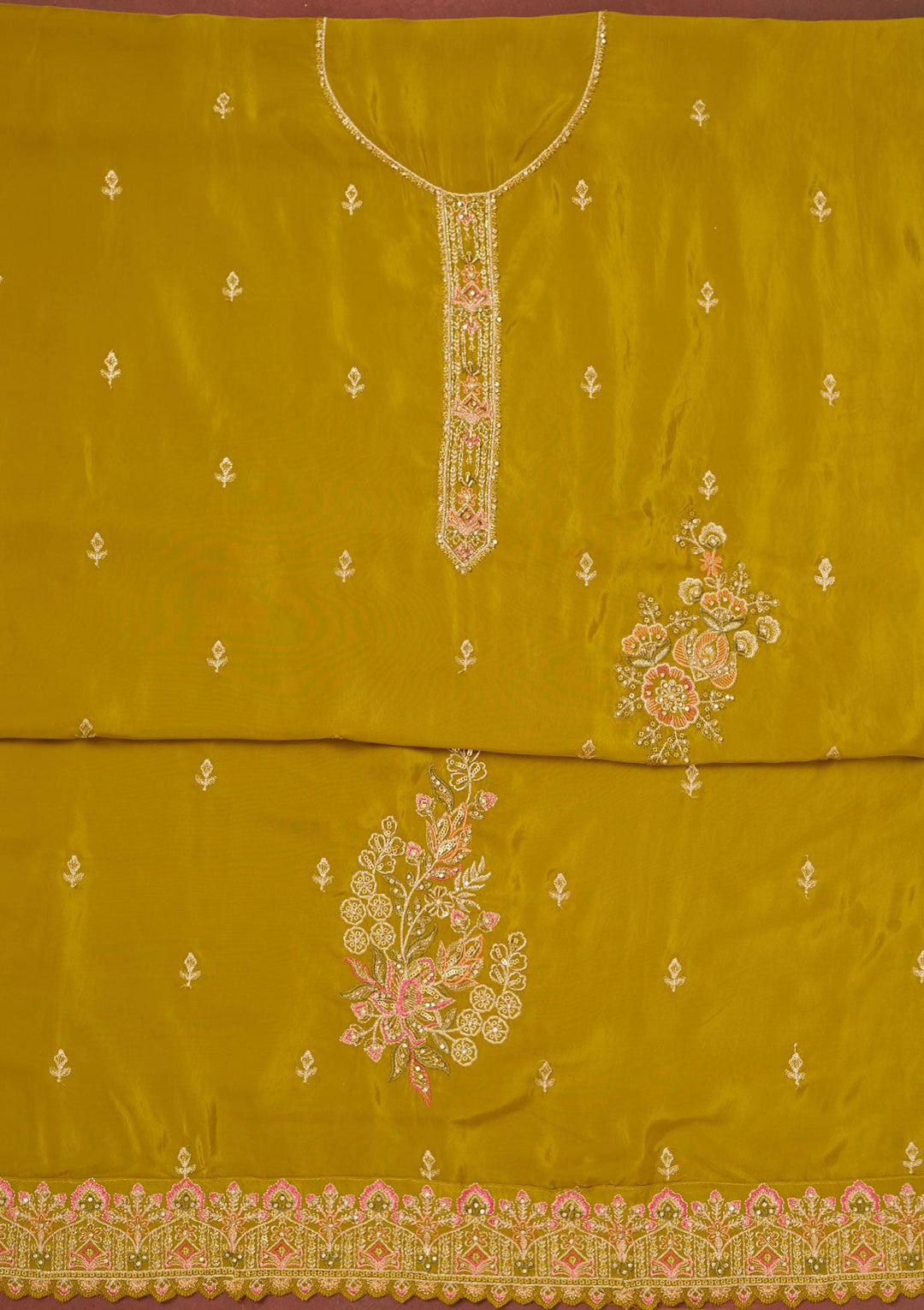 Mehendi Threadwork Semi Crepe Unstitched Salwar Suit