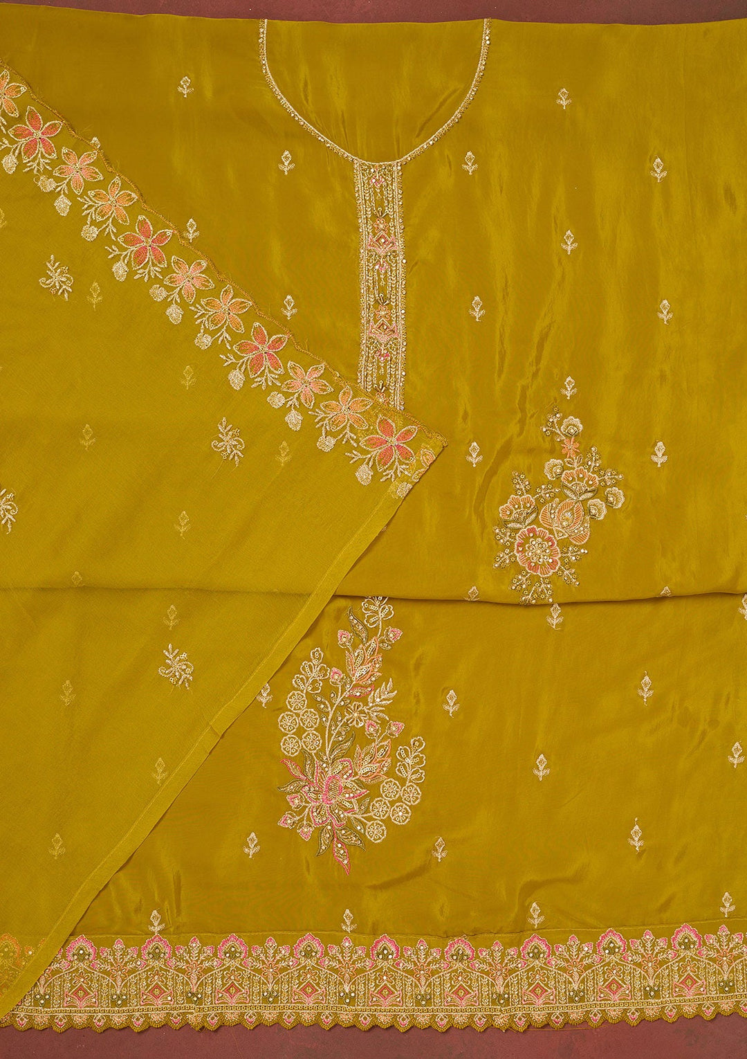 Mehendi Threadwork Semi Crepe Unstitched Salwar Suit