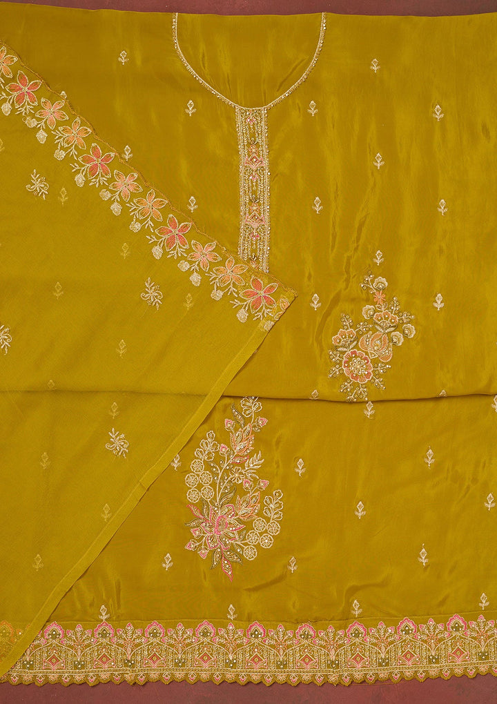 Mehendi Threadwork Semi Crepe Unstitched Salwar Suit