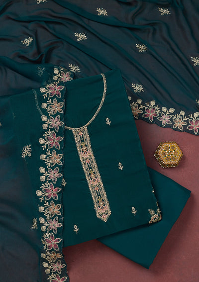 Peacock Blue Threadwork Semi Crepe Unstitched Salwar Suit-Koskii