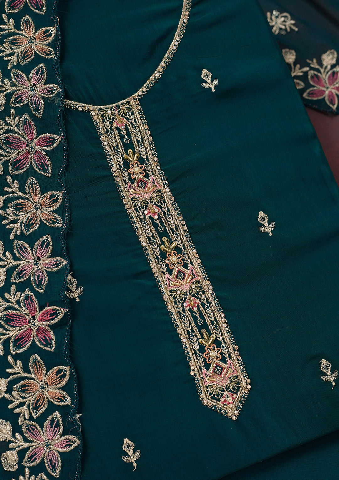 Peacock Blue Threadwork Semi Crepe Unstitched Salwar Suit-Koskii