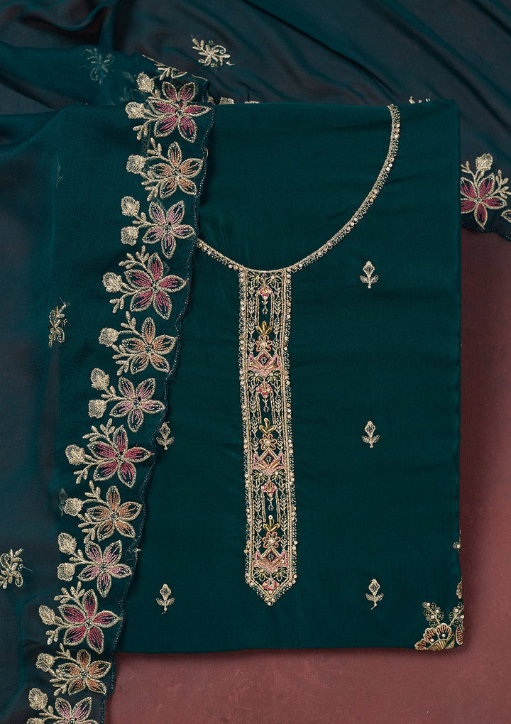 Peacock Blue Threadwork Semi Crepe Unstitched Salwar Suit-Koskii