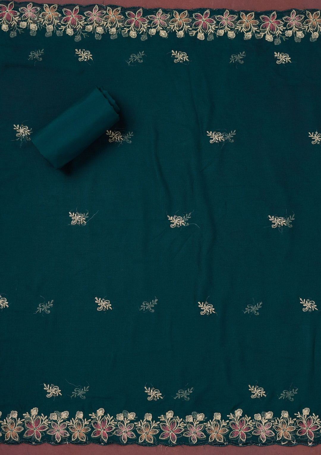 Peacock Blue Threadwork Semi Crepe Unstitched Salwar Suit-Koskii