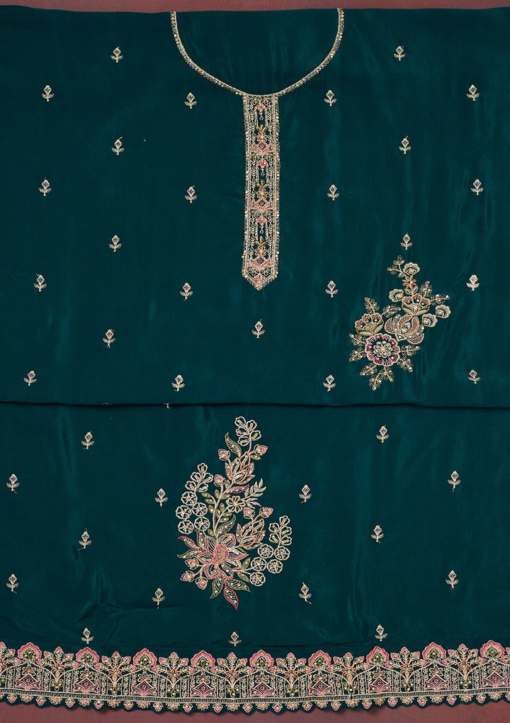 Peacock Blue Threadwork Semi Crepe Unstitched Salwar Suit-Koskii