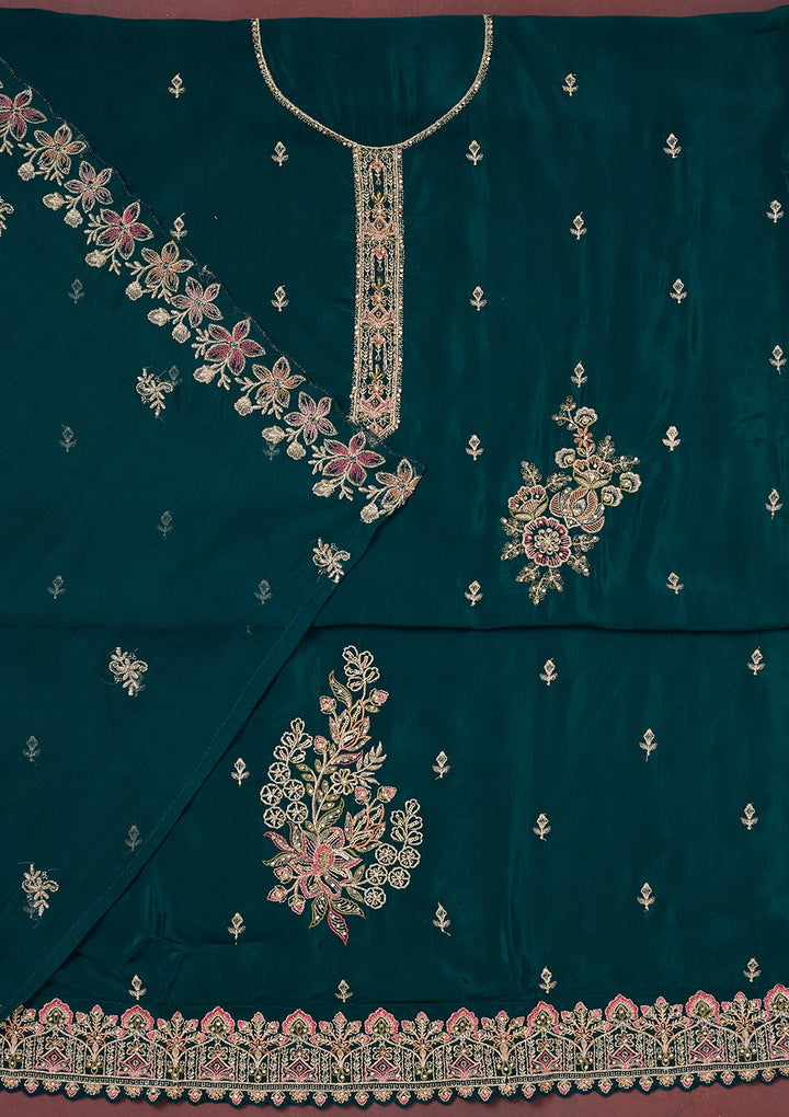 Peacock Blue Threadwork Semi Crepe Unstitched Salwar Suit-Koskii