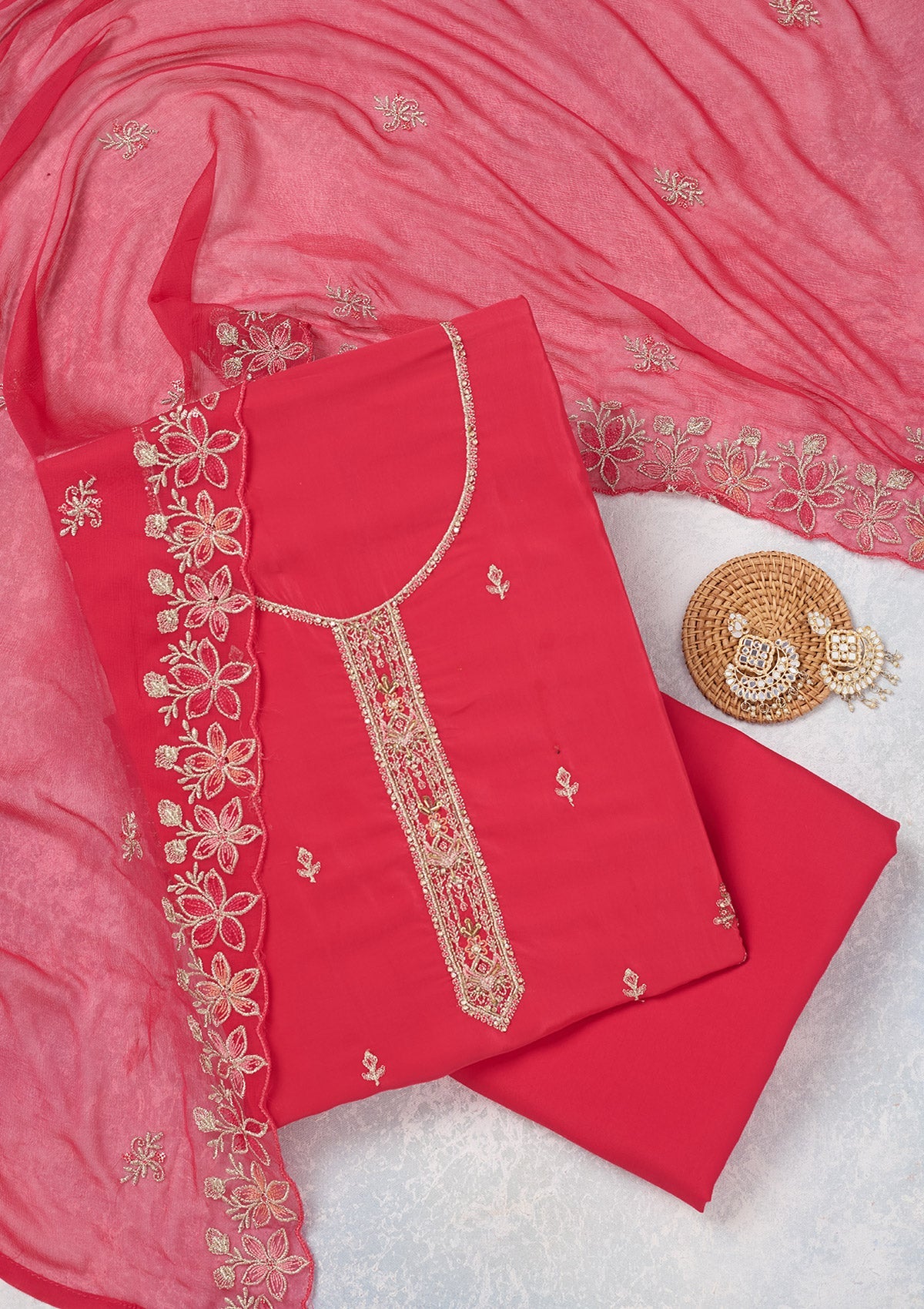 Rani Pink Threadwork Semi Crepe Unstitched Salwar Suit-Koskii