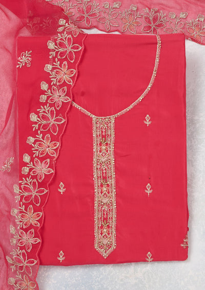 Rani Pink Threadwork Semi Crepe Unstitched Salwar Suit-Koskii