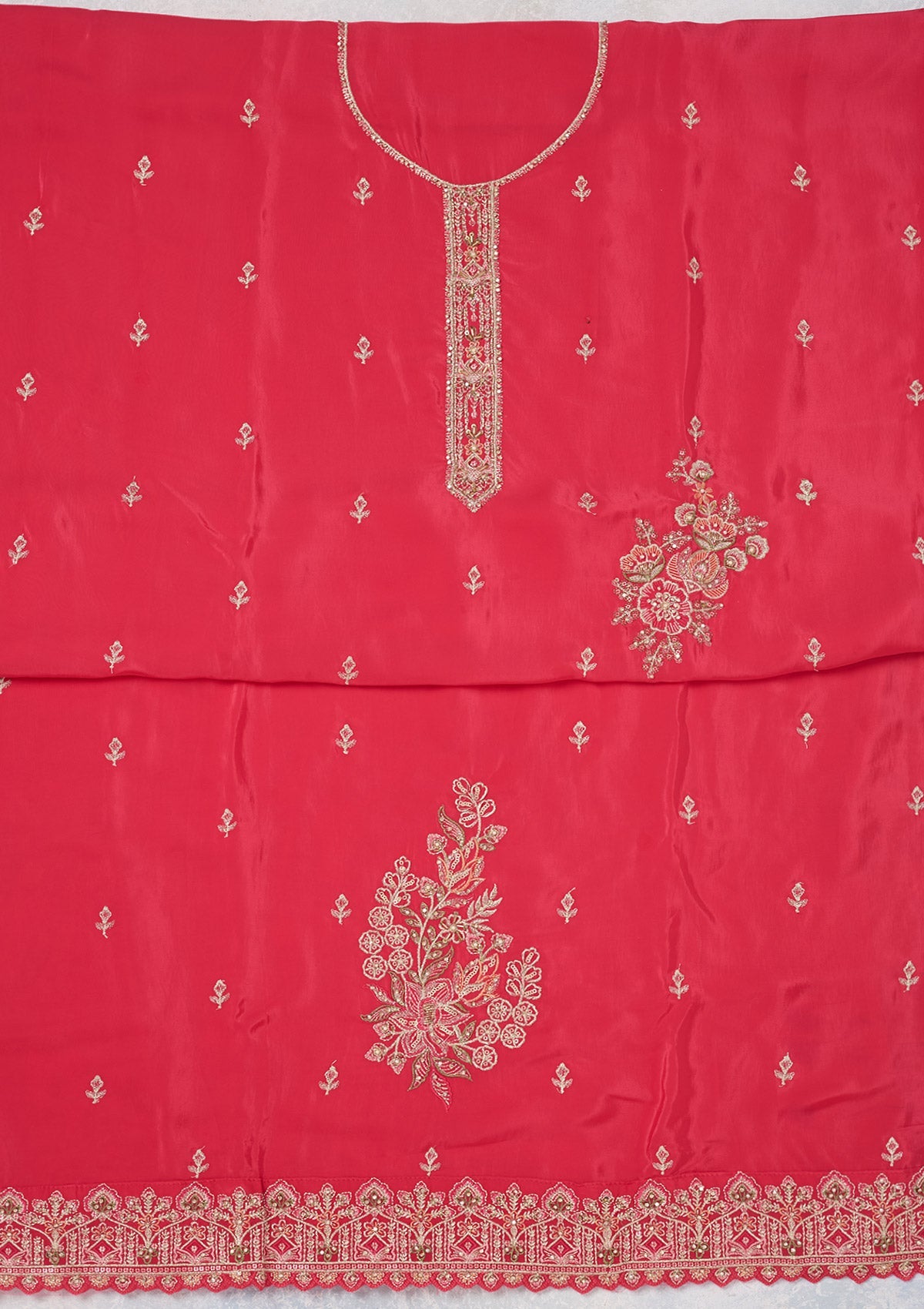 Rani Pink Threadwork Semi Crepe Unstitched Salwar Suit-Koskii
