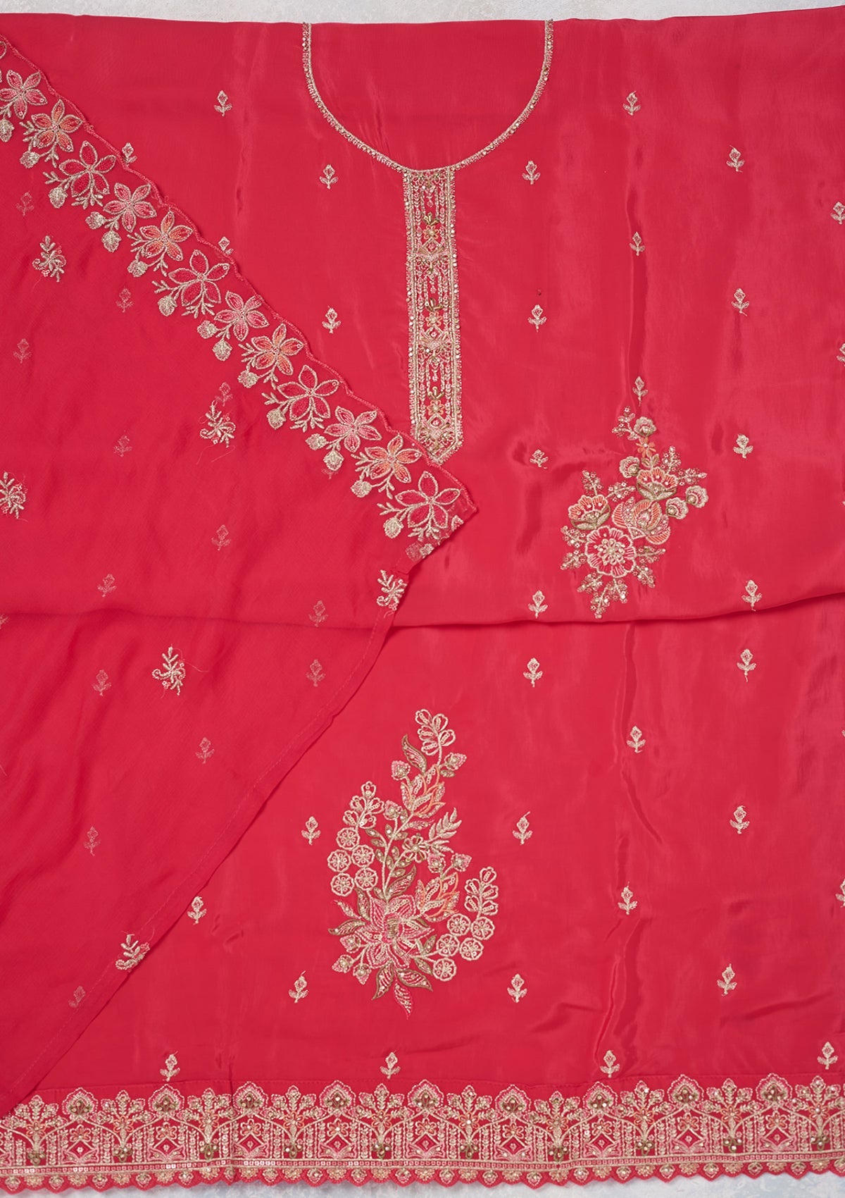 Rani Pink Threadwork Semi Crepe Unstitched Salwar Suit-Koskii