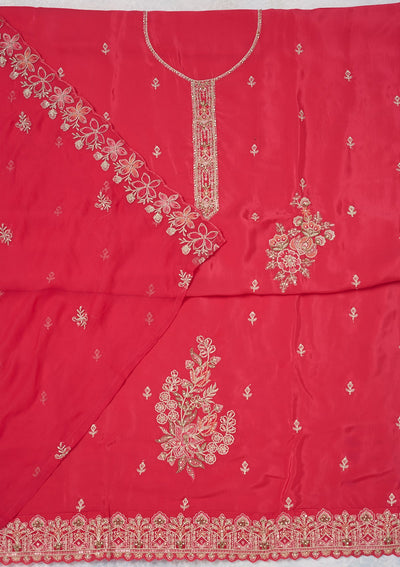 Rani Pink Threadwork Semi Crepe Unstitched Salwar Suit-Koskii